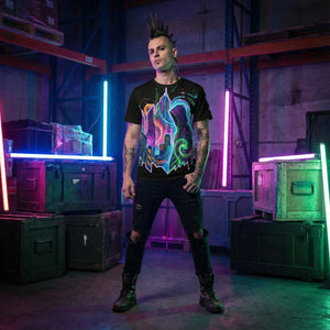 Man with mohawk in warehouse wearing neon psychedelic Mad Lad Designs shirt, neon lights