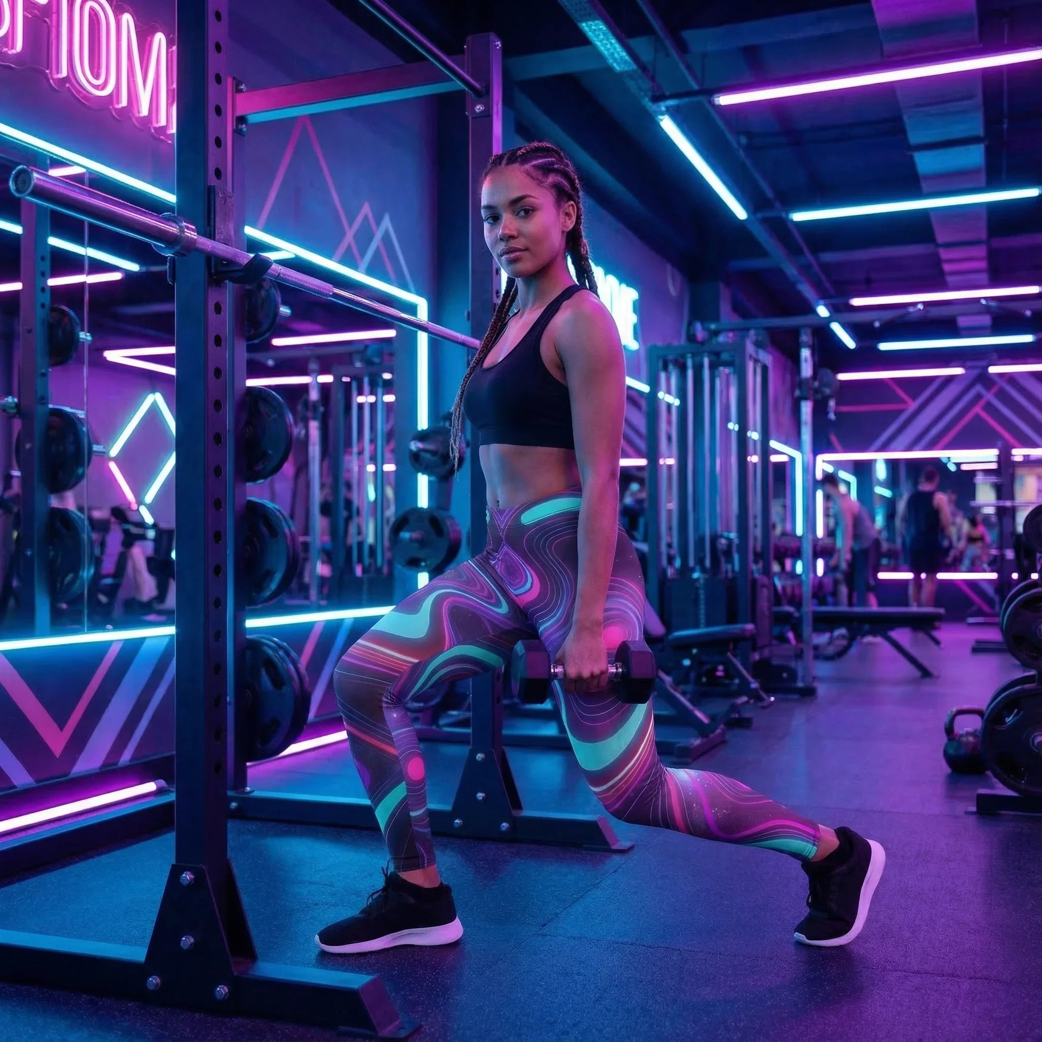 Woman in neon psychedelic leggings working out in a vibrant, colorful gym, Mad Lad Designs style