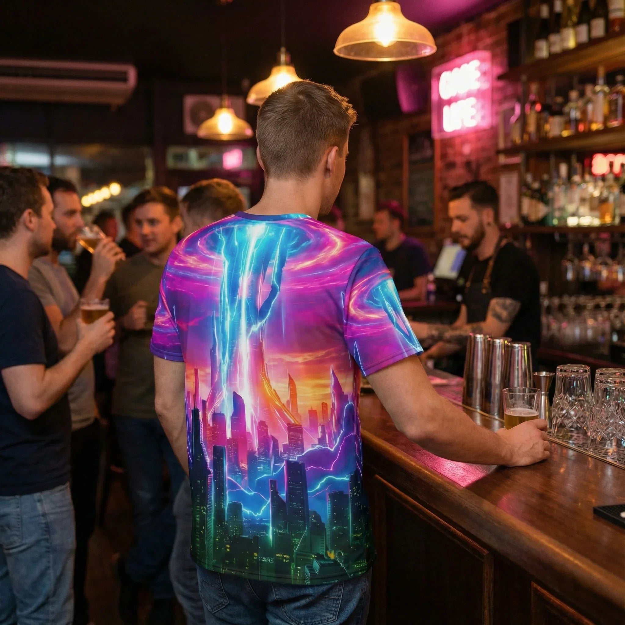 Man at bar wearing neon psychedelic cityscape shirt, Mad Lad Designs streetwear fashion