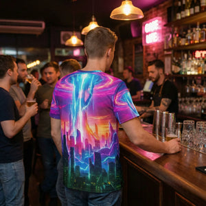Man at bar wearing neon psychedelic cityscape shirt, Mad Lad Designs streetwear fashion