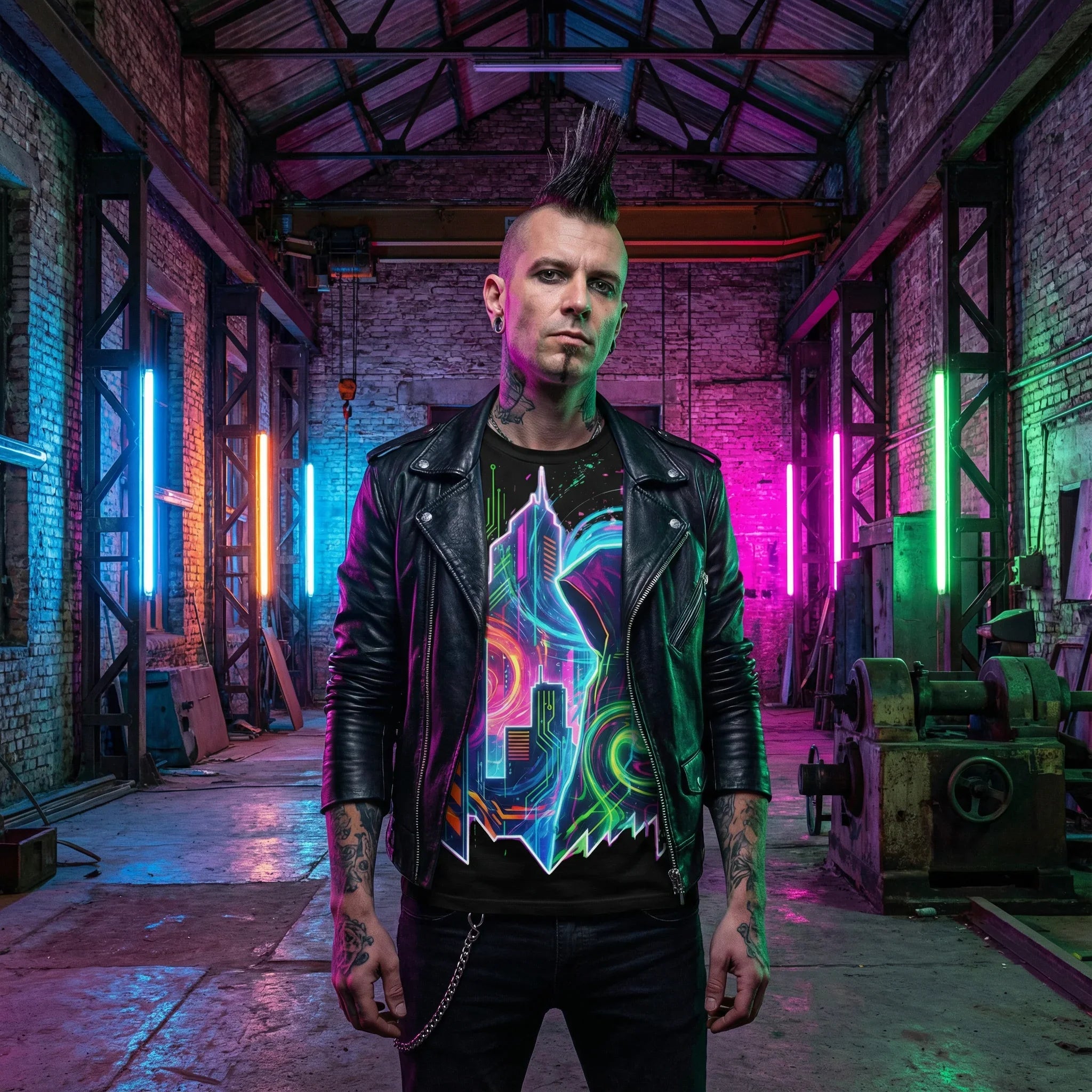 Man in black leather jacket wearing neon psychedelic cityscape t-shirt, vibrant streetwear in colorful industrial setting