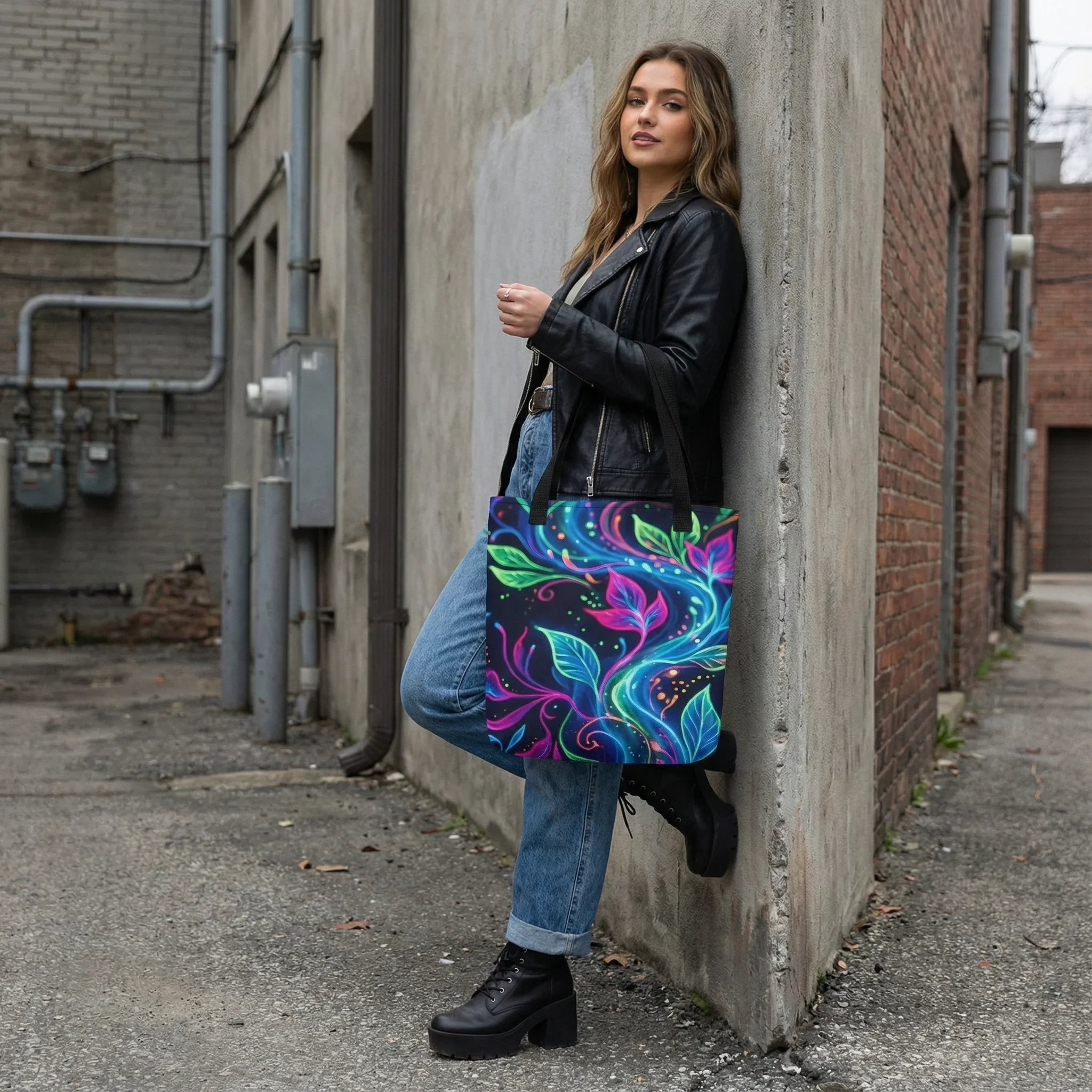Woman in streetwear with neon psychedelic floral tote bag, Mad Lad Designs urban fashion