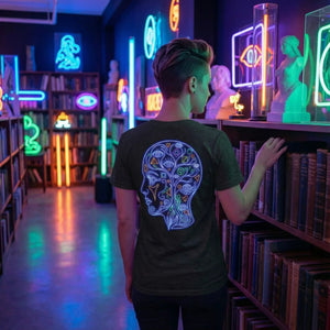 Person wearing black t-shirt with neon psychedelic mind design, standing in neon-lit library with sculptures and books