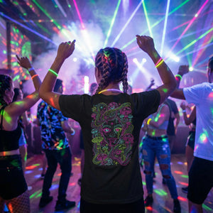 Person with braided hair dancing at neon-lit party wearing black psychedelic art t-shirt with colorful mushrooms and cosmic design