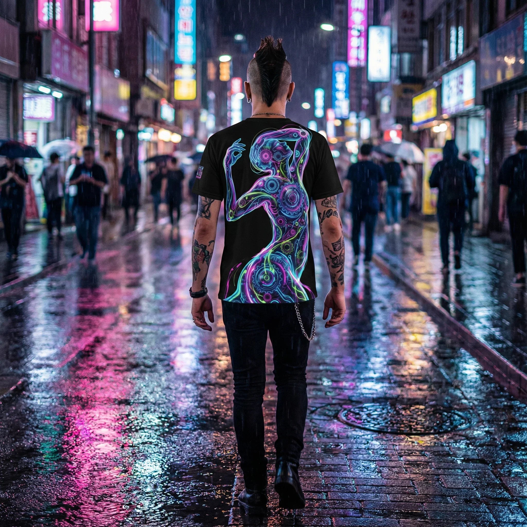 Man wearing psychedelic neon art t-shirt walks on a vibrant city street at night, Mad Lad Designs