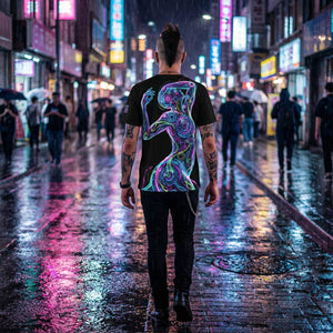 Man wearing psychedelic neon art t-shirt walks on a vibrant city street at night, Mad Lad Designs