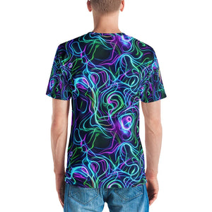 Back view of men's crew neck T-shirt with vibrant neon psychedelic abstract print in blue, purple, and green