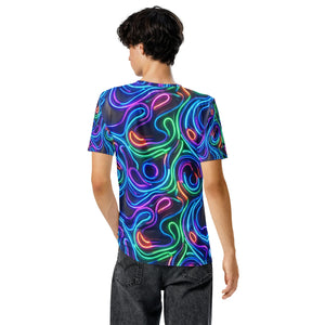 Back view of man wearing vibrant psychedelic all-over print neon design crew neck t-shirt