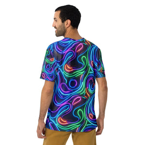 Man wearing vibrant psychedelic neon abstract print crew neck t-shirt, bright colorful streetwear