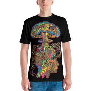 psychedelic black crew neck t-shirt with colorful mushroom cloud and face design worn by man