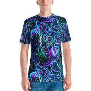 Men's crew neck t-shirt with vibrant psychedelic neon swirl design in bright blue, green, and purple