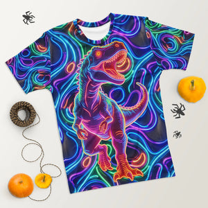 Men's all-over print crew neck t-shirt with neon glowing dinosaur and psychedelic swirl design