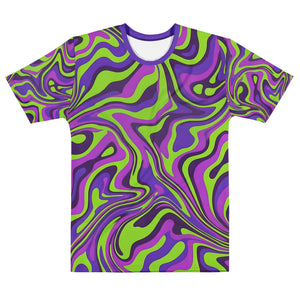 Men’s crew neck t-shirt with vibrant neon green, purple, and black psychedelic swirl design
