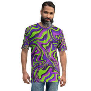 Man wearing a psychedelic neon green and purple abstract print crew neck t-shirt
