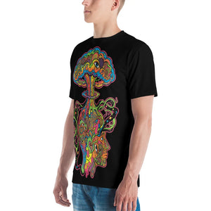 Man wearing black crew neck t-shirt with colorful psychedelic mushroom and abstract face design