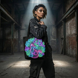 Woman wearing black streetwear with neon psychedelic fox tote bag, urban industrial setting