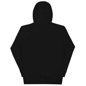 Black unisex cotton premium pullover hoodie shown from the back with hood up