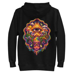 Black unisex pullover hoodie with vibrant psychedelic art of third eye face, sun, moon, mushrooms, crystals, and lotus flower