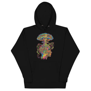 Black unisex premium pullover hoodie with colorful psychedelic mushroom cloud and face art design
