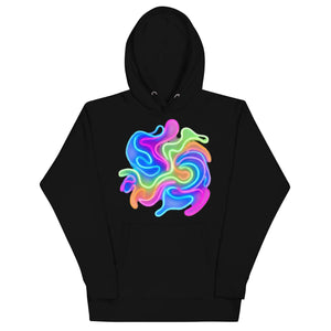 Black unisex premium pullover hoodie with vibrant neon psychedelic abstract swirl design