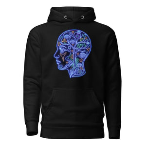 Black unisex premium pullover hoodie with neon psychedelic human head graphic featuring abstract eyes and shapes