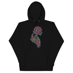 Black unisex pullover hoodie with vibrant psychedelic design of a multicolored hand holding a flower with an eye