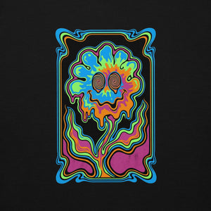 Colorful psychedelic smiling flower graphic with hypnotic spiral eyes on black pullover hoodie