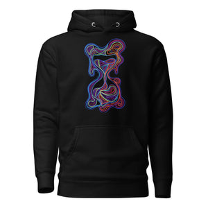 Black unisex premium pullover hoodie with vibrant neon psychedelic abstract hourglass design on front