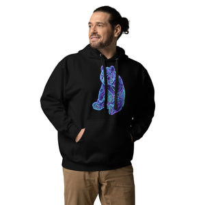 Man wearing black unisex premium pullover hoodie with neon blue and purple psychedelic bear design