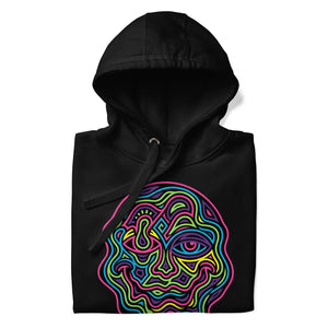 Black unisex premium pullover hoodie with colorful neon psychedelic abstract face design