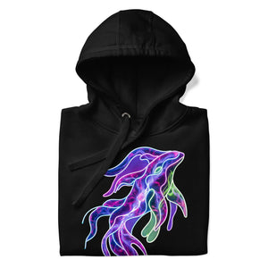 Black unisex premium hoodie with vibrant neon psychedelic squid design on front from Mad Lad Designs