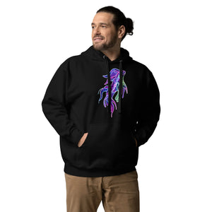 Man wearing black unisex pullover hoodie with vibrant psychedelic neon squid design, hands in pockets