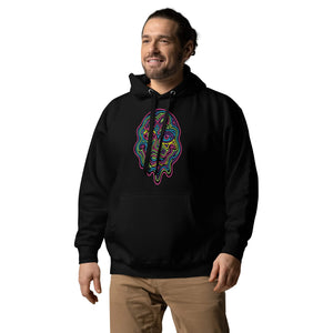 Man wearing black unisex premium pullover hoodie with colorful psychedelic neon face graphic on front