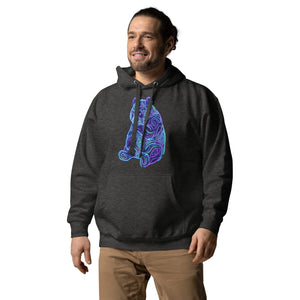 Man wearing charcoal heather pullover hoodie with neon psychedelic bear design from Mad Lad Designs