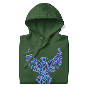 Forest green unisex premium pullover hoodie with neon psychedelic phoenix design, folded flat