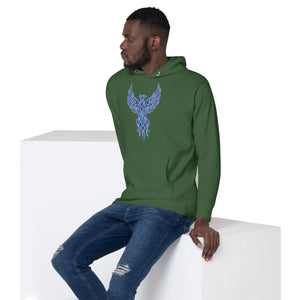 Man wearing forest green unisex premium pullover hoodie with neon blue and purple phoenix design, paired with ripped blue jeans
