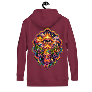 Maroon unisex premium pullover hoodie with vibrant psychedelic back print featuring third eye, sun, moon, pyramids, and lotus art