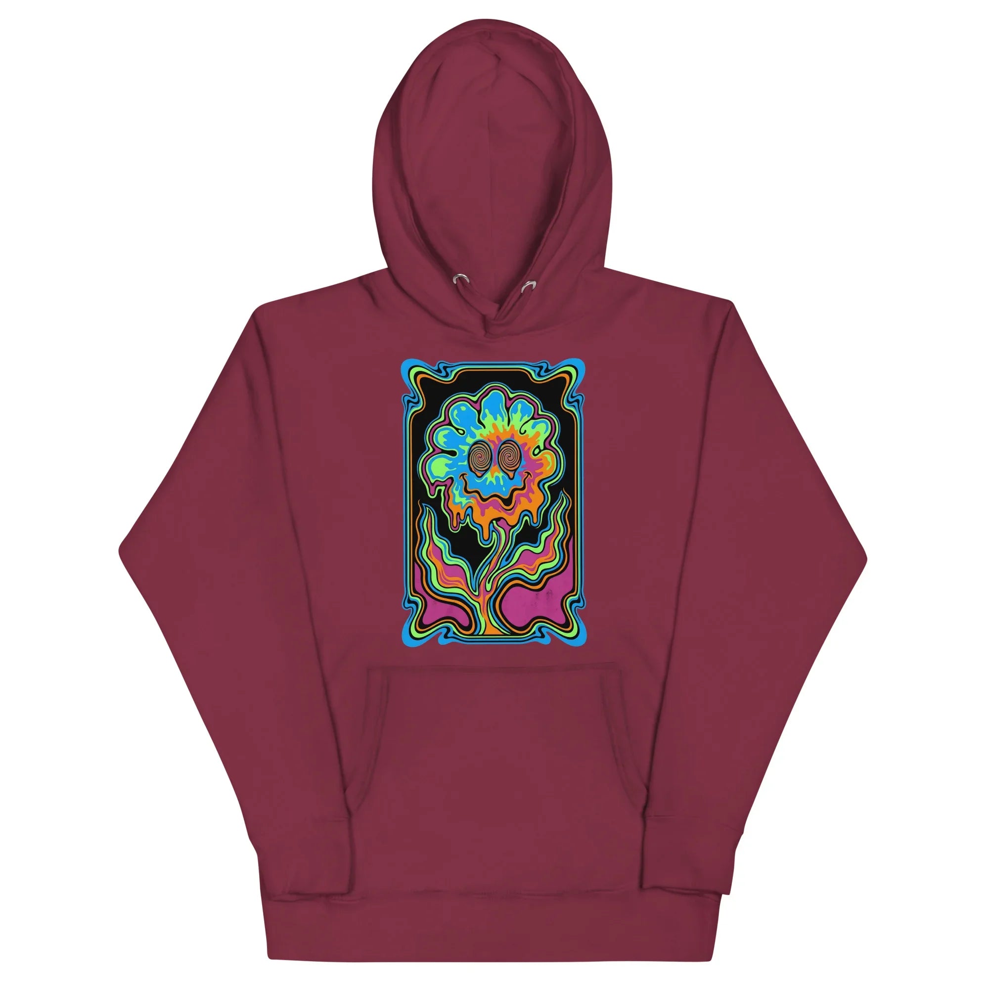 Maroon unisex premium pullover hoodie with vibrant psychedelic melting flower design and spiral eyes