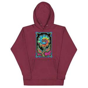 Maroon unisex premium pullover hoodie with vibrant psychedelic melting flower design and spiral eyes