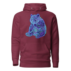 Maroon unisex premium pullover hoodie with neon blue and purple psychedelic bear design