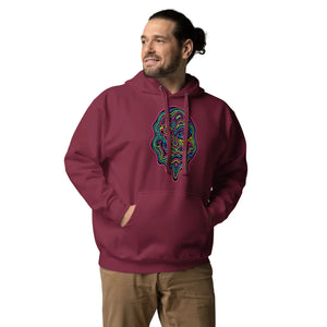 Man wearing maroon unisex premium pullover hoodie with neon psychedelic abstract face design, casual streetwear style