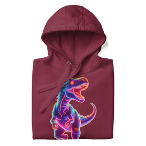 Maroon unisex premium pullover hoodie with neon colorful T-Rex dinosaur graphic