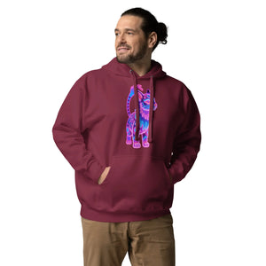 Man wearing maroon pullover hoodie with neon pink and blue stylized cat graphic, hands in pockets