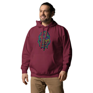 Man wearing maroon pullover hoodie with colorful psychedelic melting face design, paired with khaki pants
