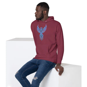 Man wearing maroon unisex hoodie with neon blue phoenix design, paired with ripped blue jeans, sitting on white block