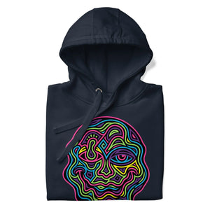 Navy pullover hoodie with vibrant psychedelic neon abstract face design folded flat