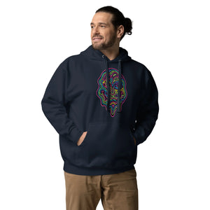 Man wearing navy blazer unisex premium pullover hoodie with colorful psychedelic face design