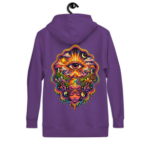 Purple unisex premium pullover hoodie with vibrant psychedelic back design featuring third eye, sun, moon, mushrooms, lotus, and cosmic elements