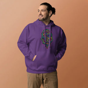 Man wearing purple unisex premium pullover hoodie with neon psychedelic face design, beige pants, neutral backdrop