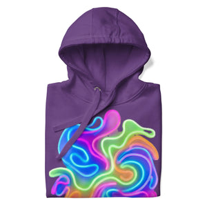 Purple unisex premium pullover hoodie with vibrant multicolor neon abstract design, folded flat